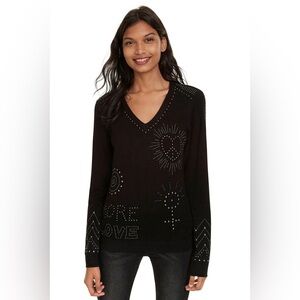 Desigual Womens Jumper Studded More Love Pullover Sweater Heart Art Metal rocker